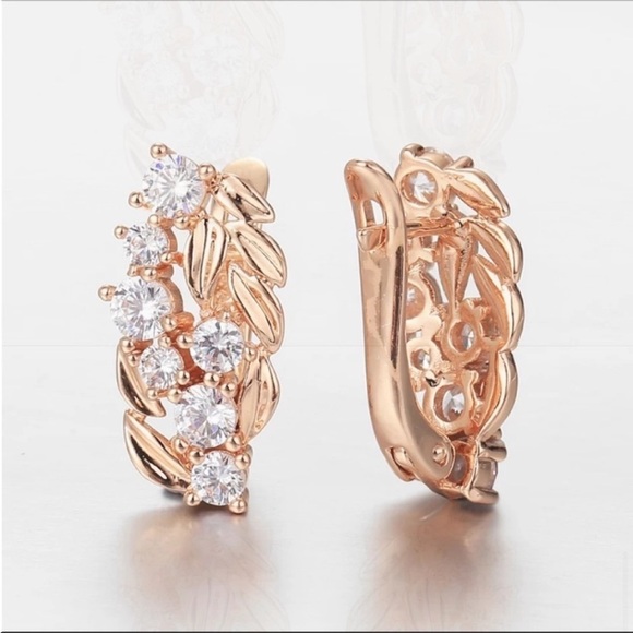 Rose Gold Plated CZ Leaves Drop Earrings New Victoria vintage Art deco - Picture 7 of 7